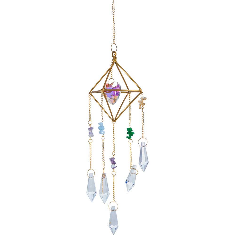 Octaèdre en cuivre avec cristaux suspendus et perles de verre en forme de cœur