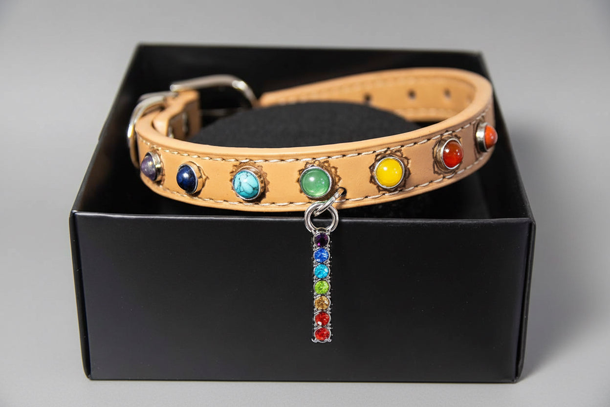 Collier pour chien en cuir végan - 7 chakras - Grand 18,5"L