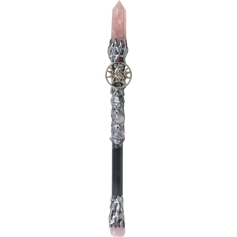 Pointe à quartz Magick Wand-Rose avec corbeau en métal, 10 po de longueur