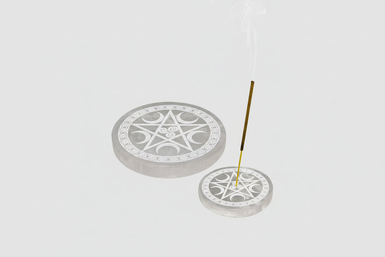Porte-encens en sélénite, pentacle rond/gravé, 3,5 pouces