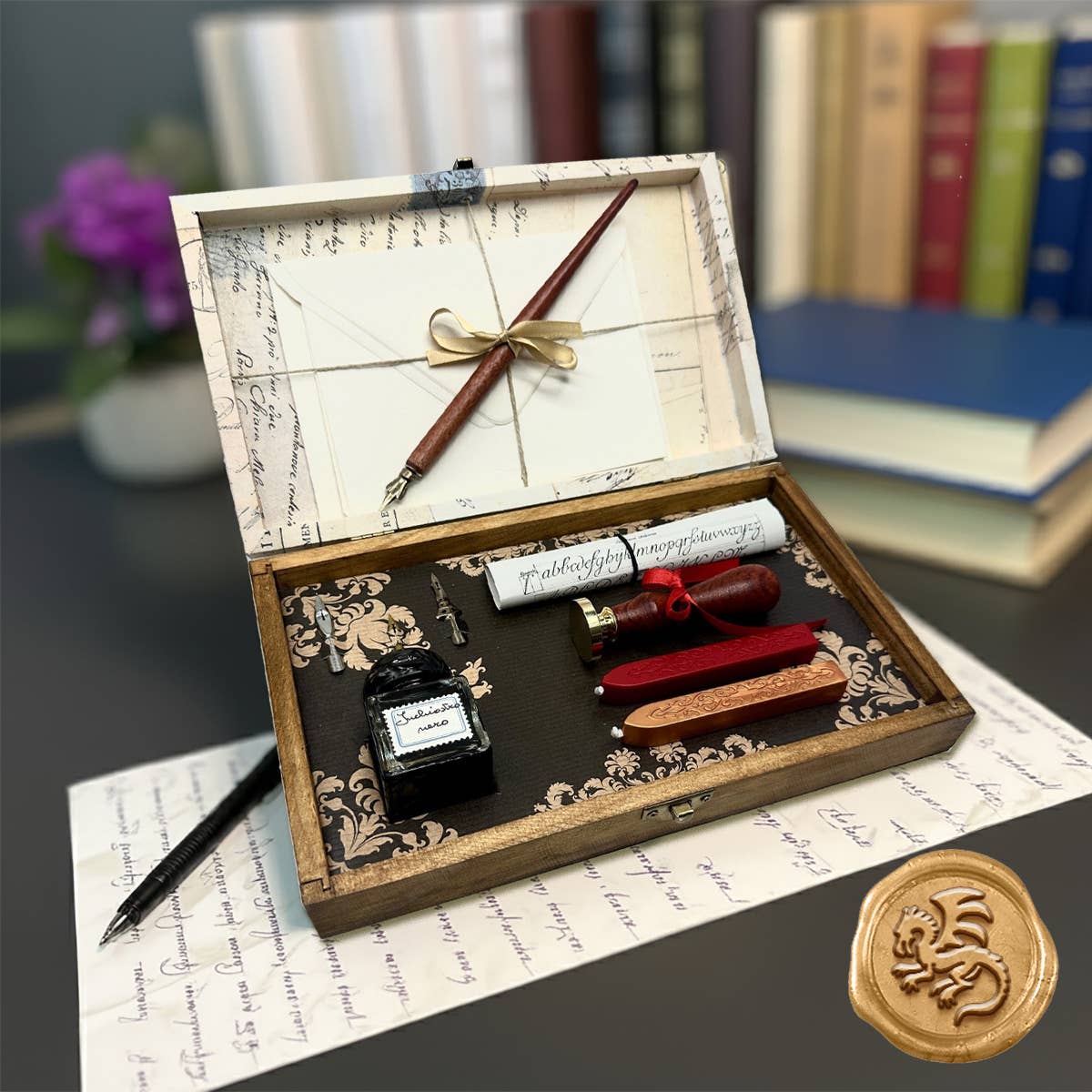 Coffret en bois avec kit de sceau de cire et ensemble d'écriture calligraphique