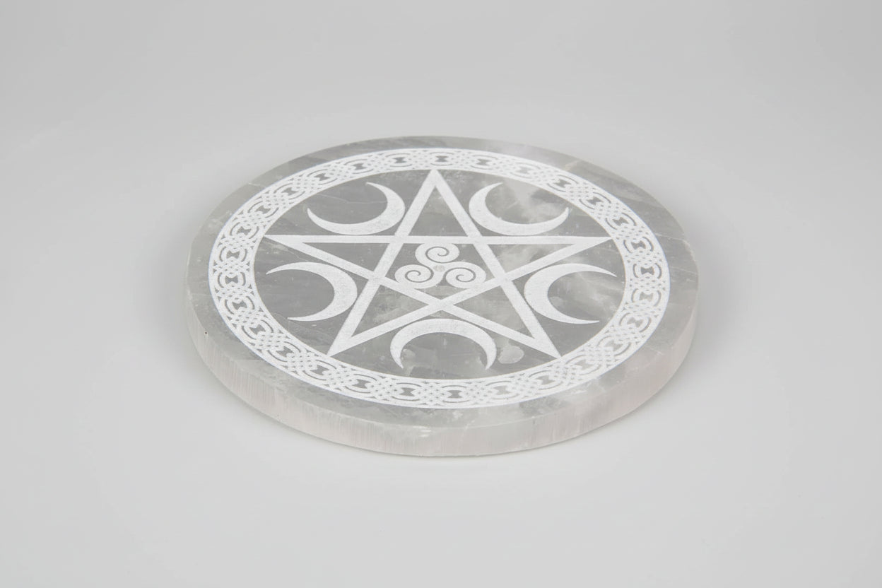 Porte-encens en sélénite, pentacle rond/gravé, 3,5 pouces