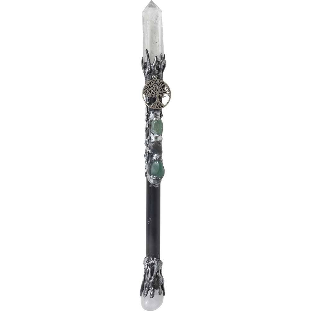Baguette Magique - Pointe de Quartz Clair avec Arbre de Vie en Métal 10"L