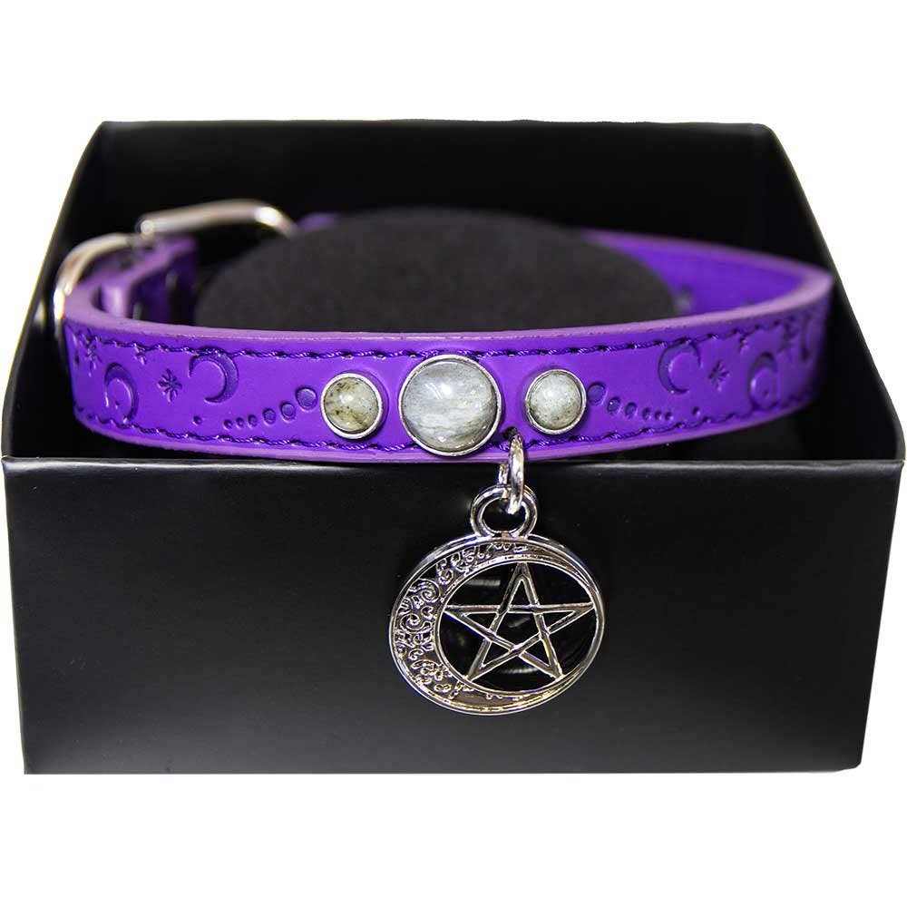 Collier pour chat/chien en cuir végan - Croissant de lune pentacle - Petit 24 cm L