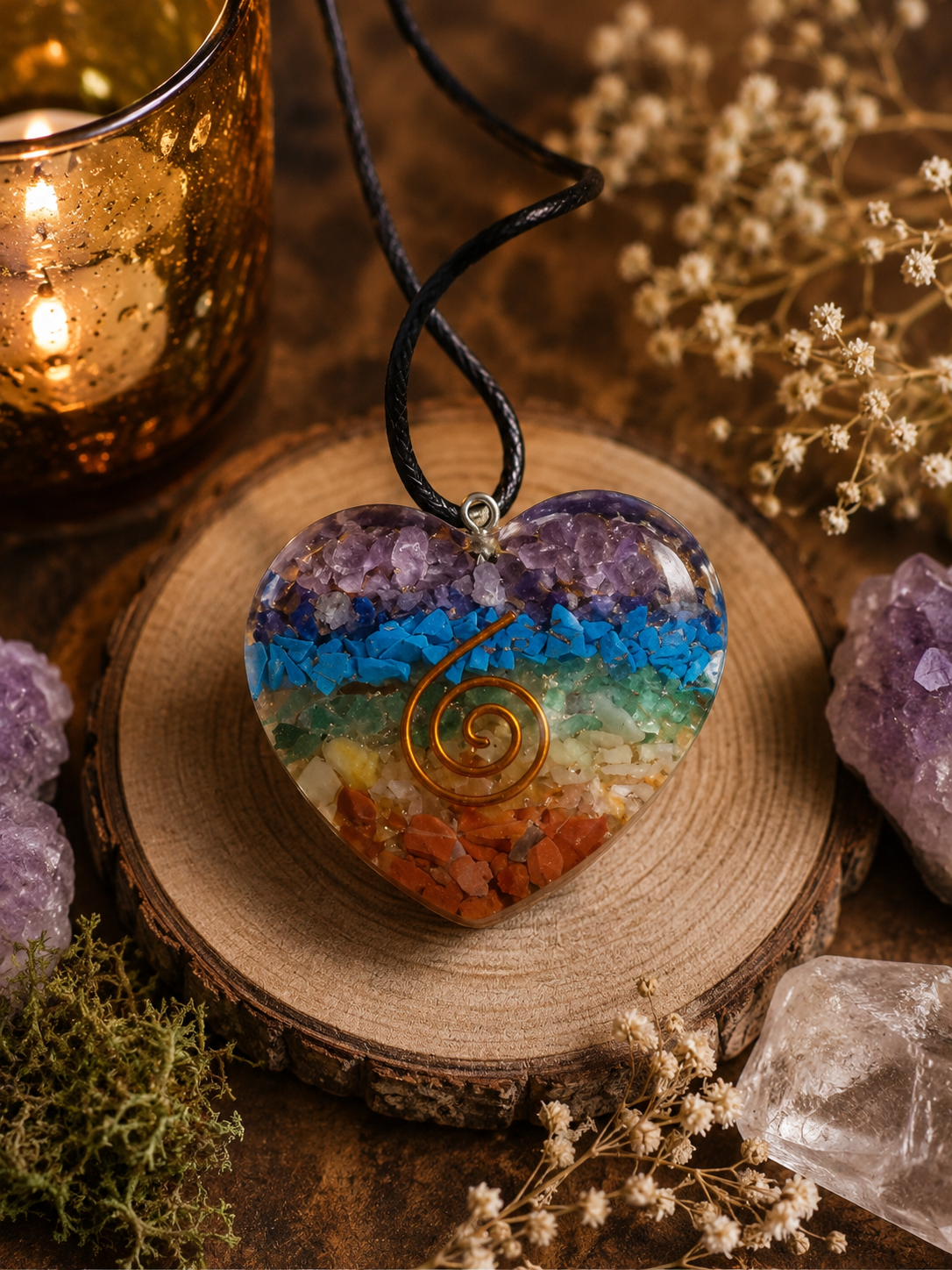 Pendentif d’orgonite avec pierre des sept chakras