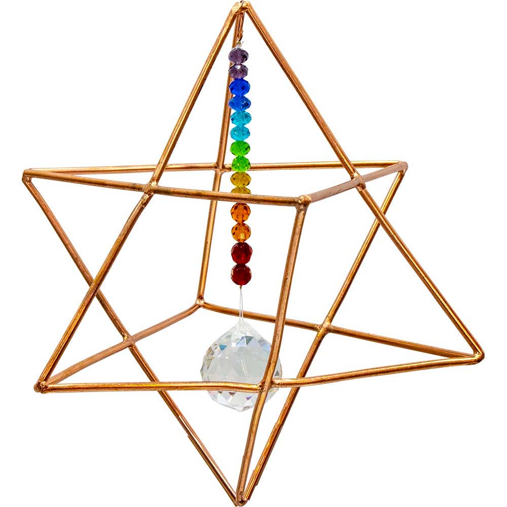 Merkaba énergisante en cuivre avec prisme et perles de chakra