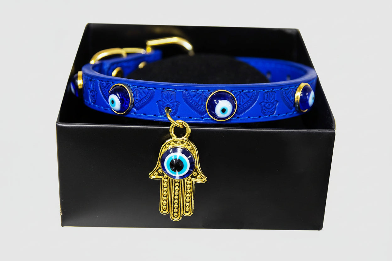 Collier pour chien en cuir végan - Œil de Fatima avec main de Fatima - Moyen 38 cm L
