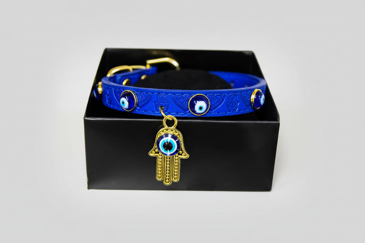 Collier pour chien en cuir végan - Œil de Fatima avec main de Fatima - Grand 47 cm L