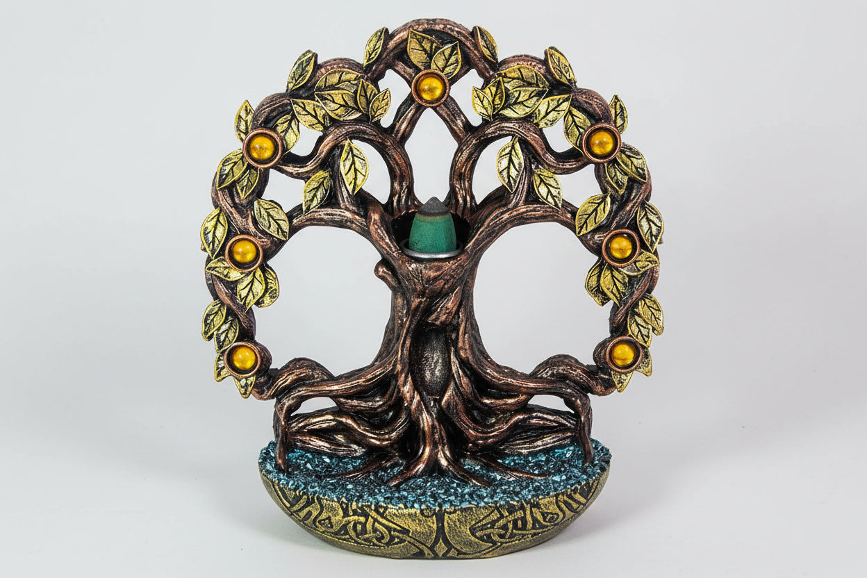 BRÛLEUR DE CÔNE DE RÉSINE - ARBRE DE VIE AVEC GEMMES 15 CM H